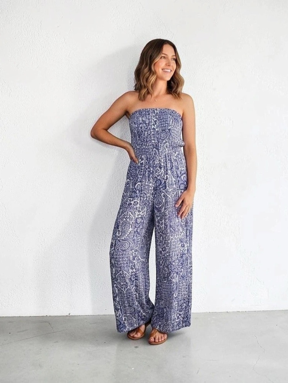 Jessica Simpson Jolie Tiered Jumpsuit Paisley Wide Leg Jumpsuit Blue & White